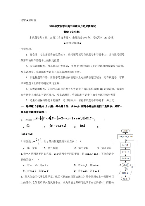 湖北省黄石市2018年高三五月适应性考试数学文试卷Word版含答案