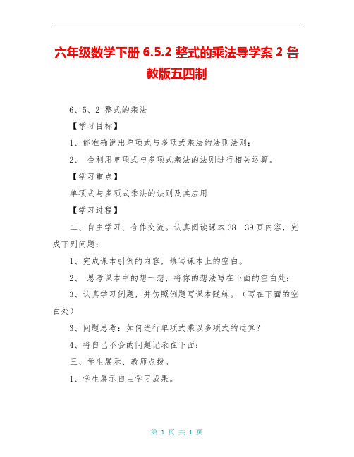 六年级数学下册6.5.2 整式的乘法导学案2 鲁教版五四制