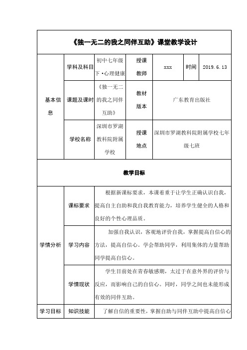 初中七年级心理健康课《独一无二的我》教案