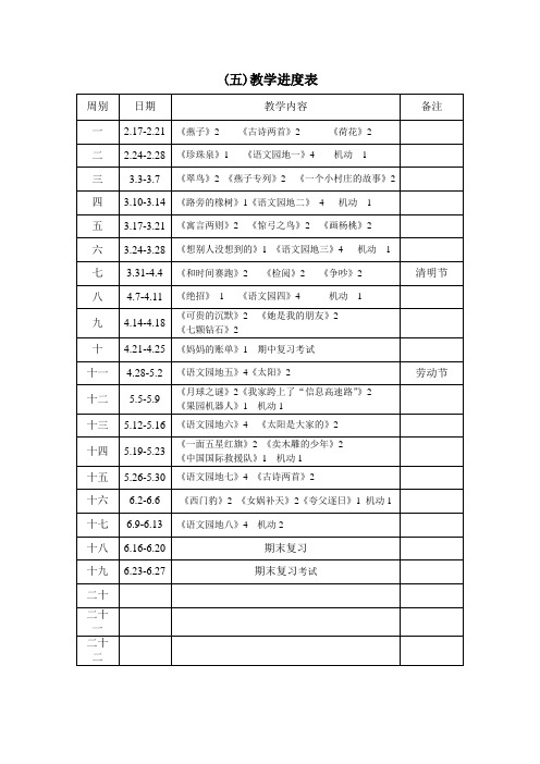 人教版三年级下册语文教学进度表