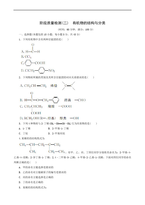 2020苏教版化学选修5 阶段质量检测(2)有机物的结构与分类