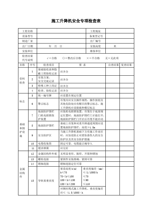 施工升降机安全专项检查表