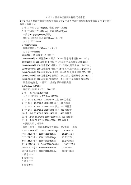 1寸2寸及各种证件照片标准尺寸像素