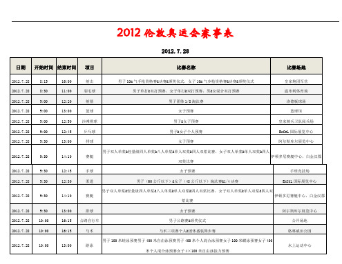 2012年伦敦奥运会完整赛程时间安排表