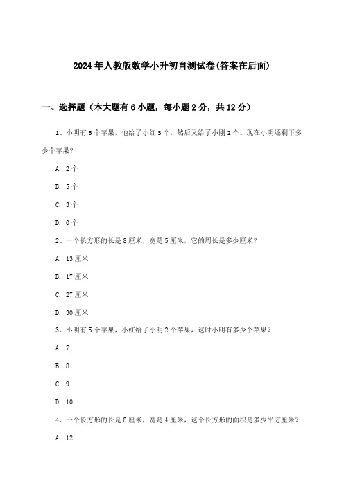 2024年人教版小升初数学试卷及解答参考