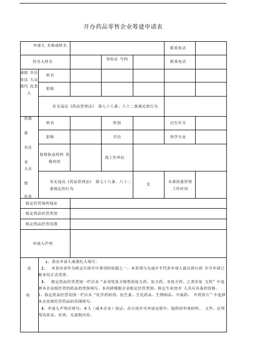 开办药品零售企业筹建申请表