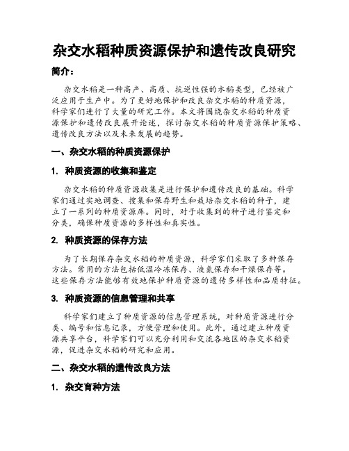 杂交水稻种质资源保护和遗传改良研究