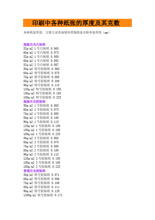 印刷中各种纸张的厚度及其克数