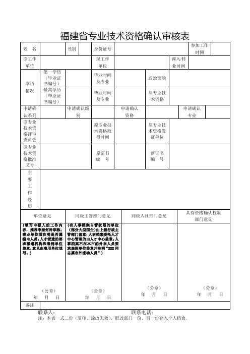 福建省专业技术资格确认审核表