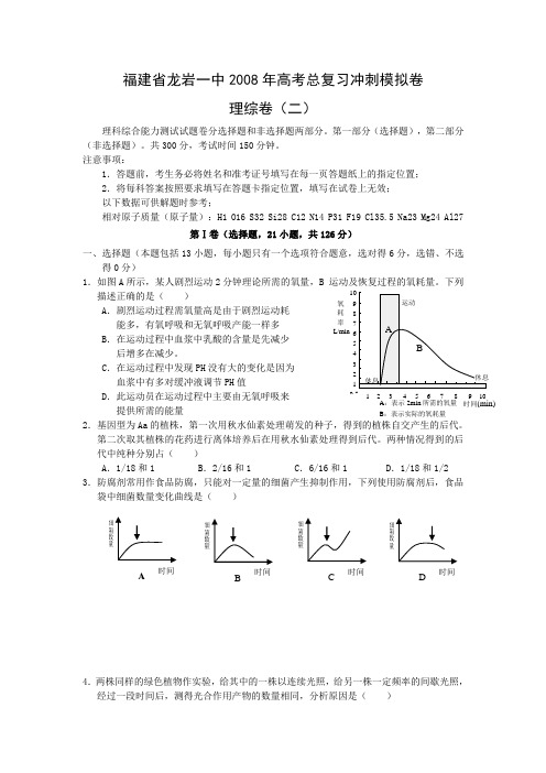 福建省龙岩一中2008年高考总复习冲刺模拟(二)(理综)