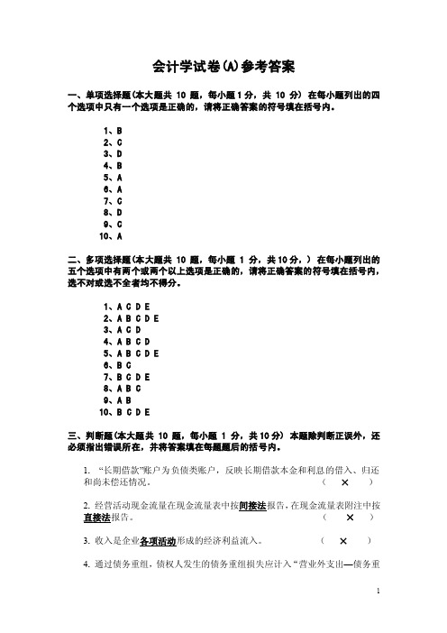 中级财务会计试卷(A)参考答案