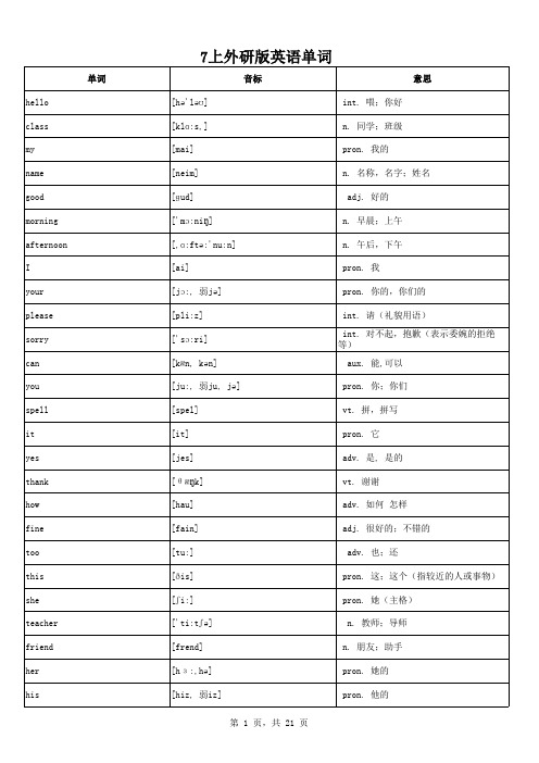 外研版七年级英语上册单词表(单词、音标、词义分栏)电子表格