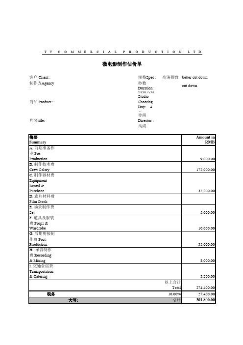 电影级制作预算明细