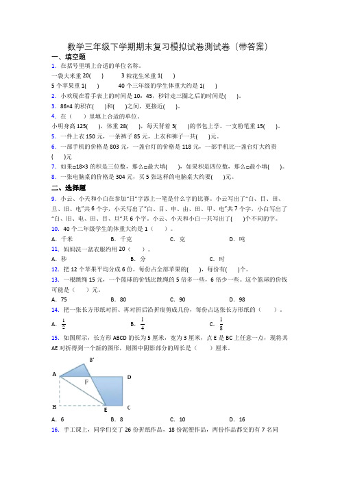 数学三年级下学期期末复习模拟试卷测试卷(带答案)