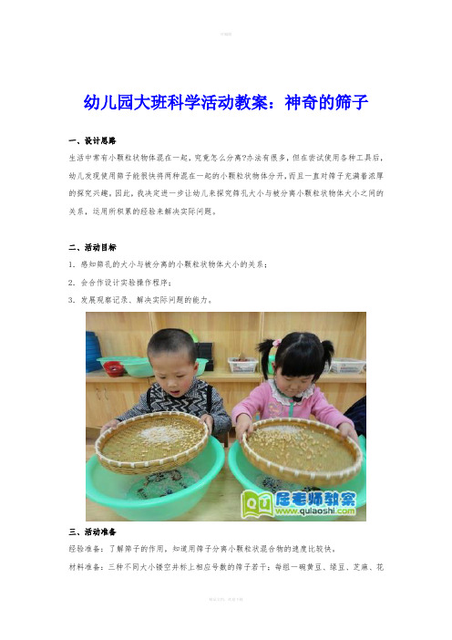 幼儿园大班科学活动教案：神奇的筛子