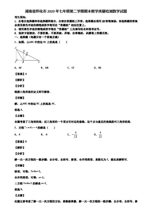 湖南省怀化市2020年七年级第二学期期末教学质量检测数学试题含解析