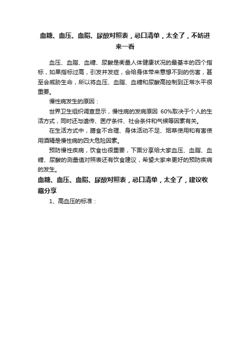 血糖、血压、血脂、尿酸对照表，忌口清单，太全了，不妨进来一看