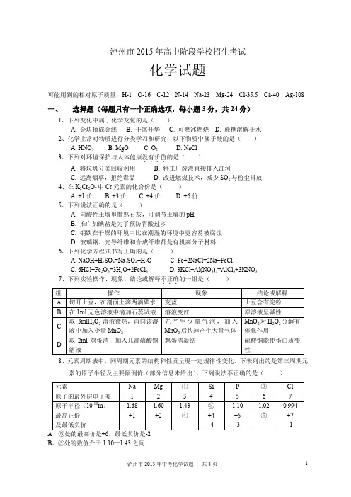 泸州市中考化学试题及答案