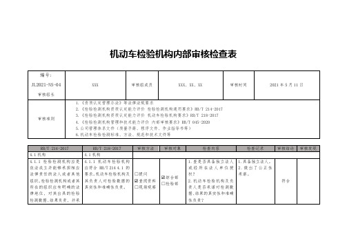 机动车检验机构内部审核检查表2021年