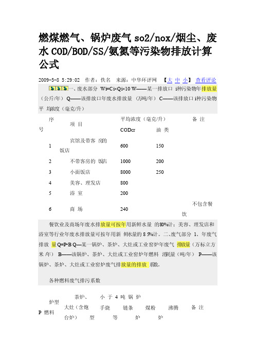 燃煤燃气、锅炉废气烟尘、废水氨氮等污染物排放计算公式