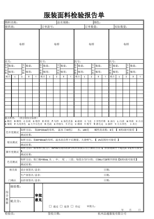 服装面料检验报告单