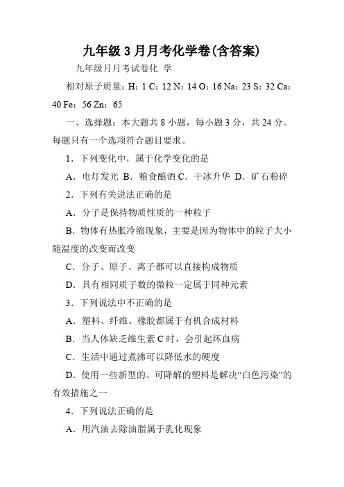 九年级3月月考化学卷(含答案).doc