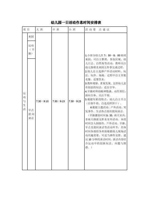 幼儿园一日活动作息时间安排表