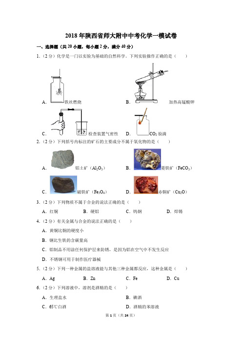 2018年陕西省师大附中中考化学一模试卷及答案