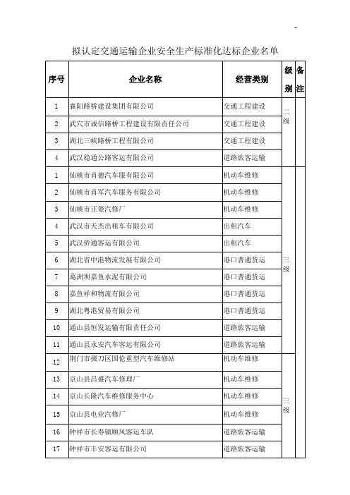 湖北地区交通运输企业单位安全生产标准规定化达标企业单位名单资料