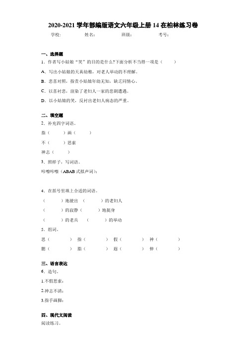 2020-2021学年部编版语文六年级上册14在柏林练习卷 (3)