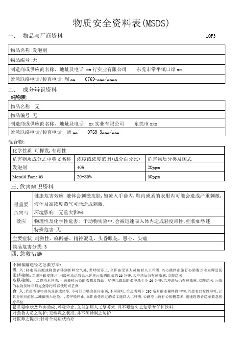 发泡剂物质安全资料表(MSDS)