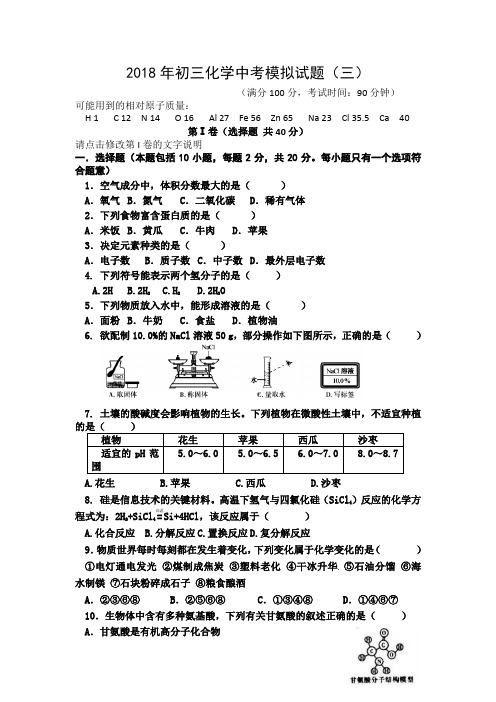 2018年化学中考模拟试题