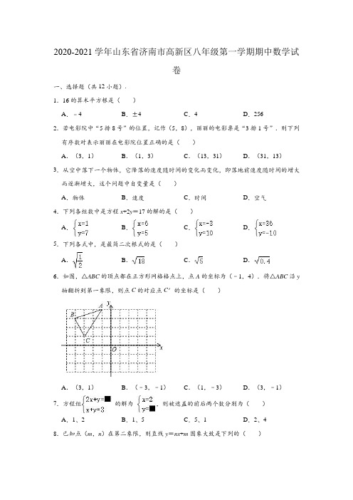 2020-2021学年山东省济南市高新区八年级(上)期中数学试卷(含解析)