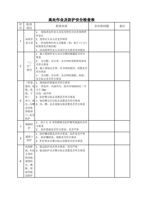 高处作业及防护安全检查表