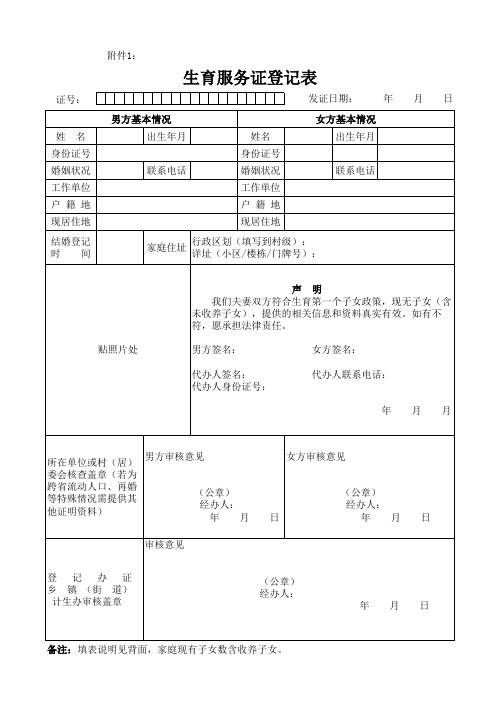 湖北省武汉市生育服务证登记表