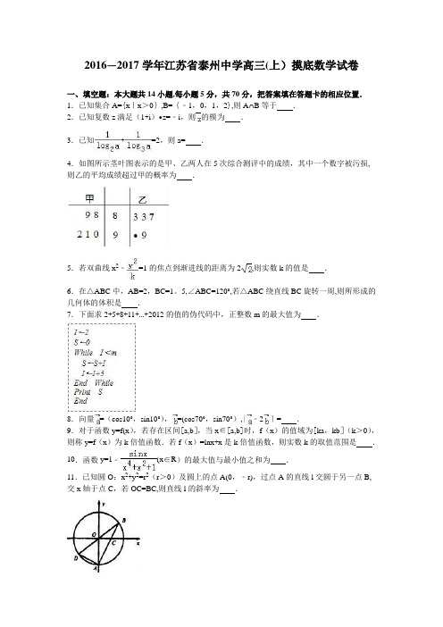 江苏省泰州中学2017届高三上学期摸底数学试卷 含解析