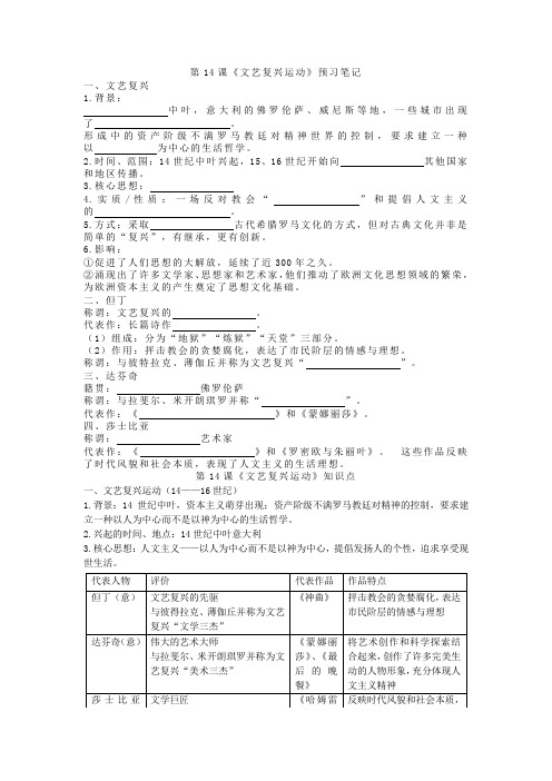 人教部编版历史九上第14课《文艺复兴运动》预习笔记+知识点+习题(包含答案)