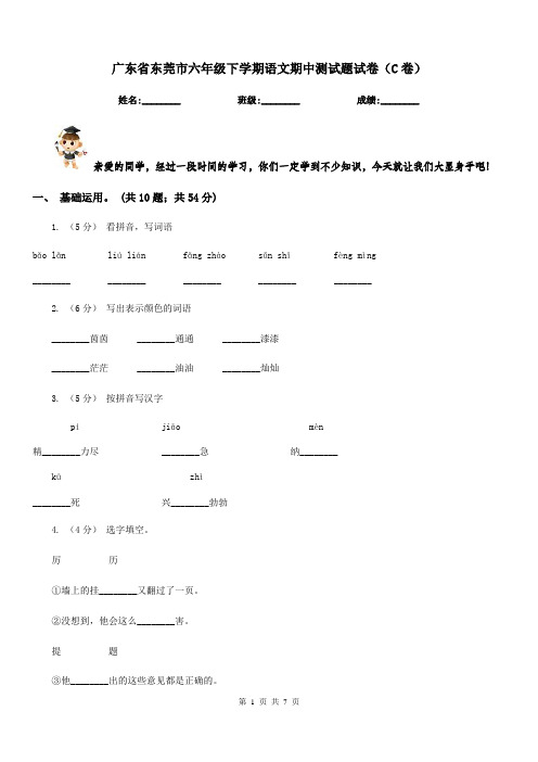 广东省东莞市六年级下学期语文期中测试题试卷(C卷)