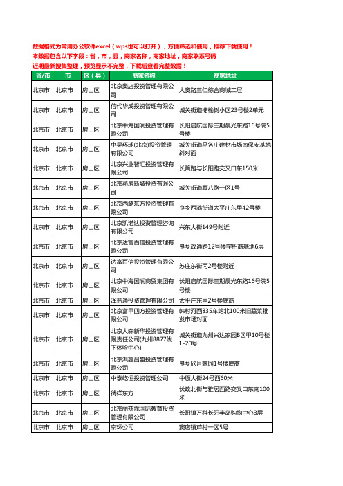 2020新版北京市北京市房山区投资管理有限公司工商企业公司商家名录名单黄页联系电话号码地址大全28家