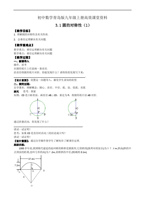 初中数学青岛版九年级上册高效课堂资料教案3.1圆的对称性(第1课时)