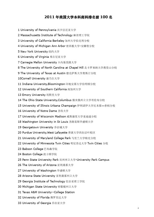 2011年美国大学金融专业本科排名