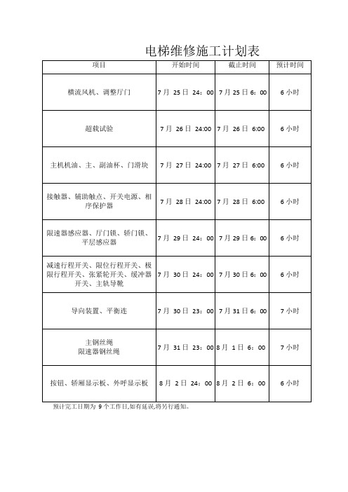 电梯维修施工计划表