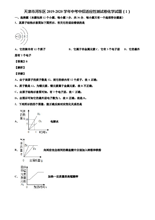 天津市河东区2019-2020学年中考中招适应性测试卷化学试题(1)含解析