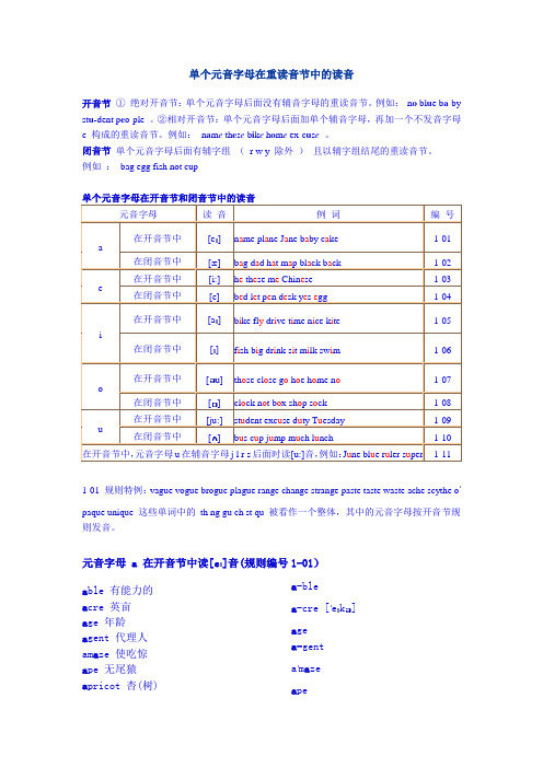 单个元音字母在重读音节中的读音