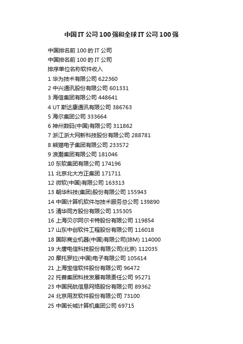 中国IT公司100强和全球IT公司100强