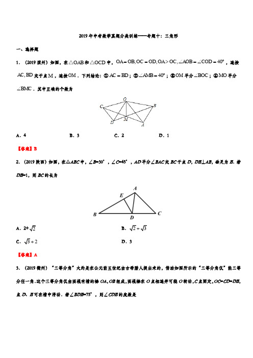 2019年中考数学真题分类训练——专题十：三角形含答案