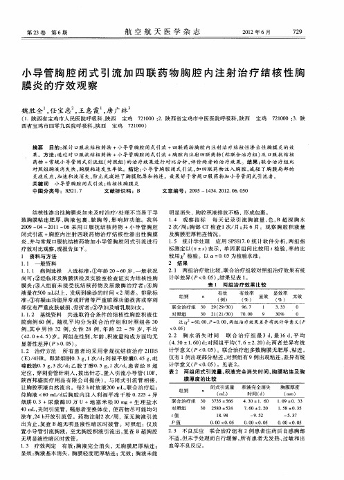 小导管胸腔闭式引流加四联药物胸腔内注射治疗结核性胸膜炎的疗效观察