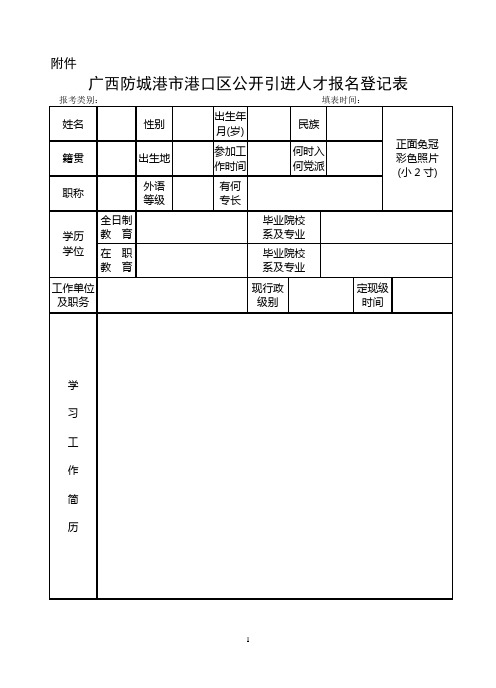 广西防城港市港口区公开引进人才报名登记表
