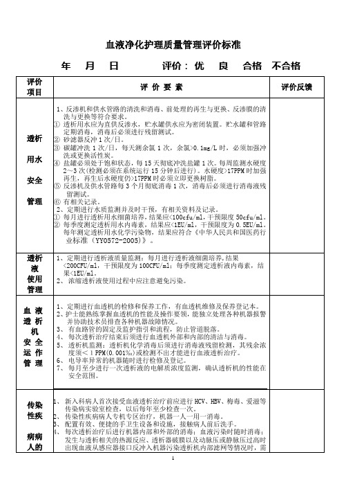 血液净化护理质量管理评价标准