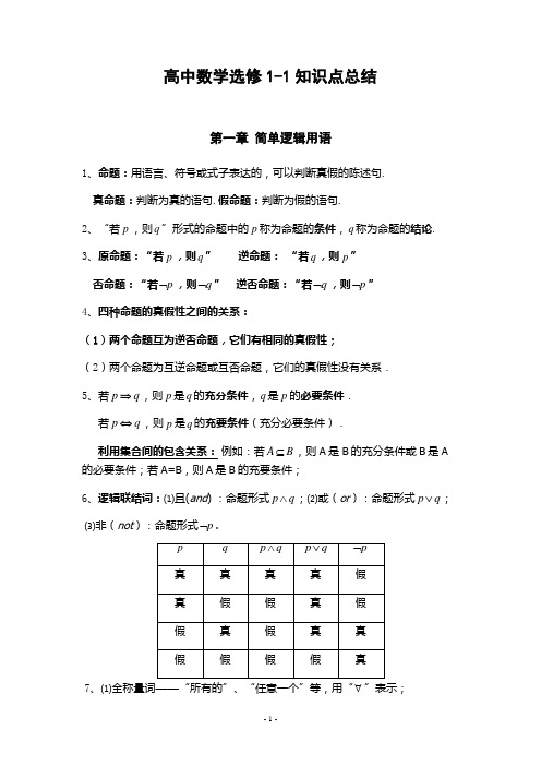 高中数学选修1-1知识点归纳